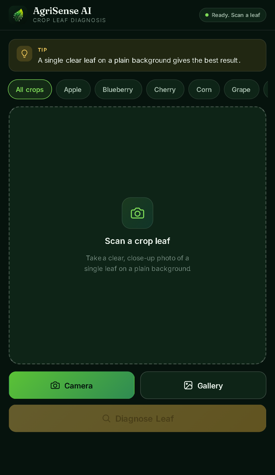 AgriSense AI app scan screen on a phone