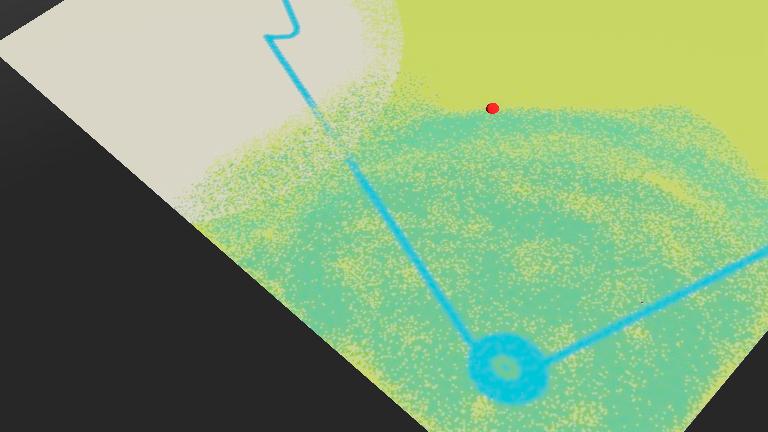 Overhead view of the Webots simulation world with the creature's trail across the terrain